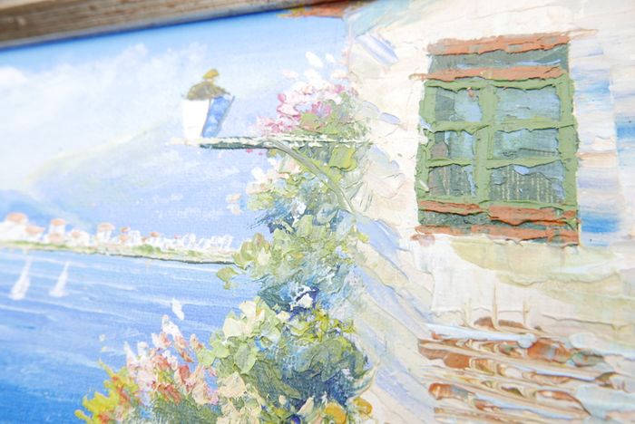 Vintage Oil Paintings Seaside Impressionism Wall Art Blue Oil Paintings Garden Floral Wall Art Blue Artwork Living Room Wall Art, signed framed