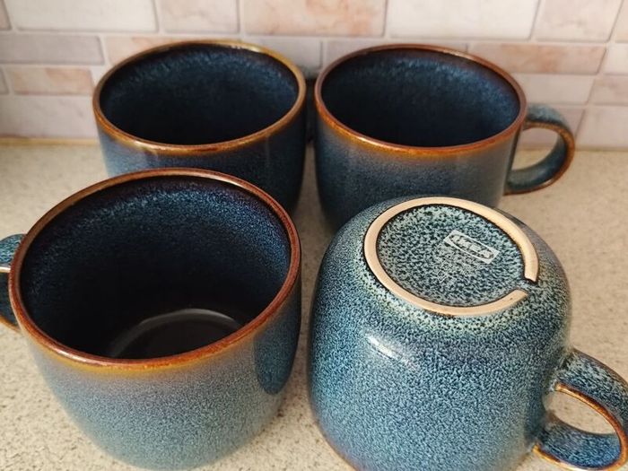 Set of 4 IKEA GLADELIG Mugs Deep Blue  Earthy Gold