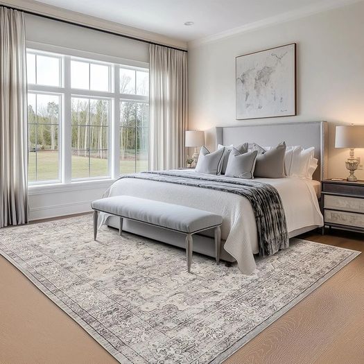 Large Grey Rug 200x290 for Living Room, Faux Wool Short Pile Non-Slip Area Rug, Machine Washable Traditional British Design for Bedroom Dining Room