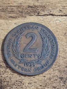British Caribbean Territiories, 2 Cents 1955 Coin, Elizabeth II - free standard postage