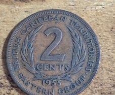 British Caribbean Territiories, 2 Cents 1955 Coin, Elizabeth II - free standard postage
