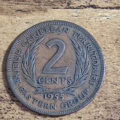 British Caribbean Territiories, 2 Cents 1955 Coin, Elizabeth II - free standard postage