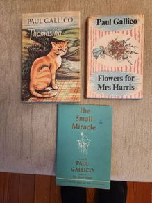 Paul Gallico books. Flowers  for Mrs Harris, Thomasina, and The small miracle. All hardback with dustjacket in good condition. Thomasina is a first edition.35
