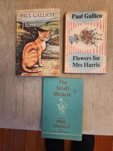 Paul Gallico books. Flowers  for Mrs Harris, Thomasina, and The small miracle. All hardback with dustjacket in good condition. Thomasina is a first edition.35