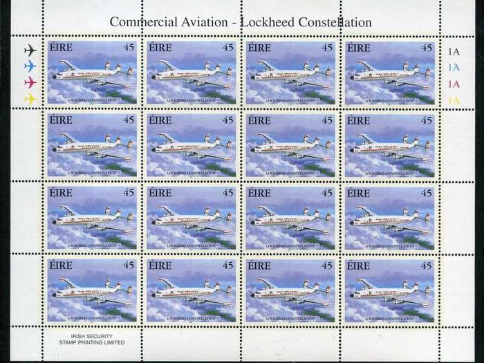 1999 Ireland Civil Aviation (Commercial Aviation) 45p Lockheed Constellation Stamp Sheetlet Plate 1A1A1A1A Mint Never Hinged (MNH)