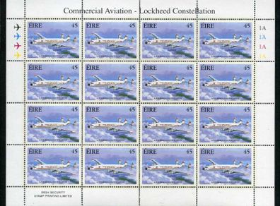 1999 Ireland Civil Aviation (Commercial Aviation) 45p Lockheed Constellation Stamp Sheetlet Plate 1A1A1A1A Mint Never Hinged (MNH)