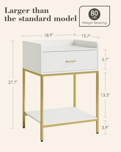 Bedside Table, 3-Tier Bedside Cabinet with Storage Drawer and Open Shelf, Small End Side Table with Gold Legs for Bedroom, Living Room, White Large