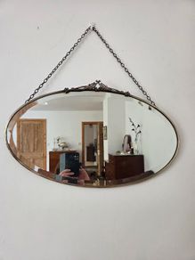 Stunning Antique Art Nouveau Oval Brass Hanging Mirror