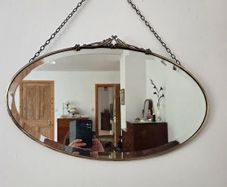 Stunning Antique Art Nouveau Oval Brass Hanging Mirror