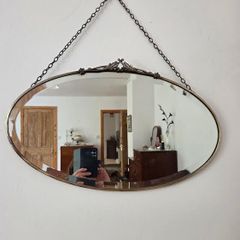 Stunning Antique Art Nouveau Oval Brass Hanging Mirror