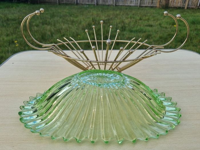 Vintage green uranium glass platter set in a brass frame