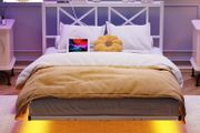 4ft6 Double Floating Bed Frame with LED Lights and Charging Station, Metal Platform Bed Frame Double Bed with Wooden Storage Headboard Under-bed Storage No Box Spring Needed White and OAK