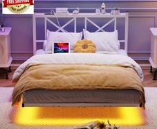 4ft6 Double Floating Bed Frame with LED Lights and Charging Station, Metal Platform Bed Frame Double Bed with Wooden Storage Headboard Under-bed Storage No Box Spring Needed White and OAK