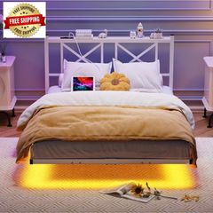 4ft6 Double Floating Bed Frame with LED Lights and Charging Station, Metal Platform Bed Frame Double Bed with Wooden Storage Headboard Under-bed Storage No Box Spring Needed White and OAK