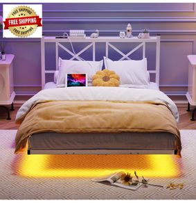 4ft6 Double Floating Bed Frame with LED Lights and Charging Station, Metal Platform Bed Frame Double Bed with Wooden Storage Headboard Under-bed Storage No Box Spring Needed White and OAK