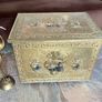 Ornate Brass Fireside Coal Box Embossed Three Ships at Sea Image 8
