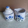 Vintage 1990s small hand-painted blue floral ceramic creamer and sugar bowl set with lid flower 90s Image 8