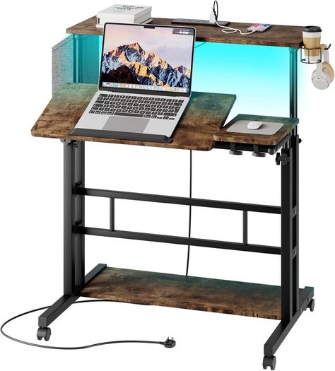 Standing Desk with Power Outlets & Strip Lights, Height Adjustable Rolling Desk with Tilting Table Top, Sit-Stand Workstation with Wheels, Cup Holder, Hook, Storage Bag, 80 x 60 cm