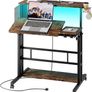 Standing Desk with Power Outlets & Strip Lights, Height Adjustable Rolling Desk with Tilting Table Top, Sit-Stand Workstation with Wheels, Cup Holder, Hook, Storage Bag, 80 x 60 cm Image 2