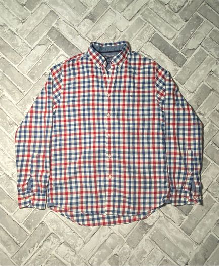 Tommy Hilfiger New York Fit Mens Red/Blue/White Check Long Sleeve Shirt Medium