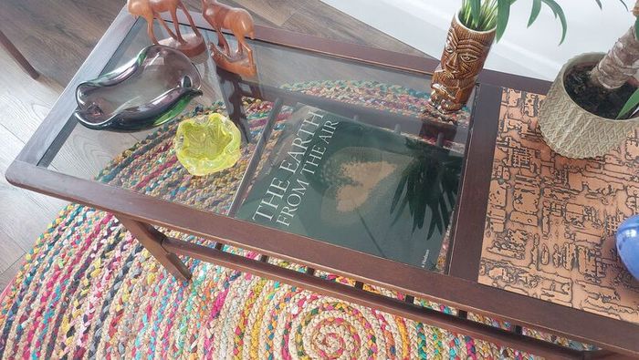 Stunning and Unique/Rare Mid Century Modern Wooden Coffee Table with Smoked Glass and Acid-Etched Copper Inlay and Slatted Magazine Shelf