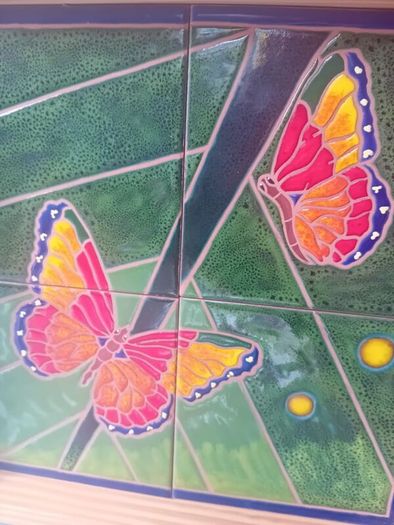 Artisan butterfly ceramic tiled wooden tray