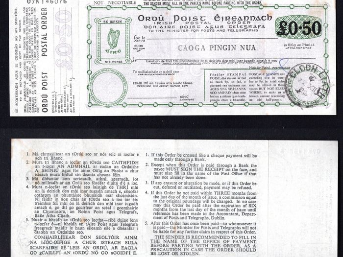 1980 Ireland 50p irish Postal Order for 50p serial Number 07K146076 with Cloth Liath (Greystone, Co. Wicklow) Steel cancel with counterfoil