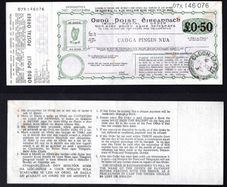 1980 Ireland 50p irish Postal Order for 50p serial Number 07K146076 with Cloth Liath (Greystone, Co. Wicklow) Steel cancel with counterfoil