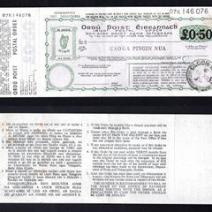 1980 Ireland 50p irish Postal Order for 50p serial Number 07K146076 with Cloth Liath (Greystone, Co. Wicklow) Steel cancel with counterfoil