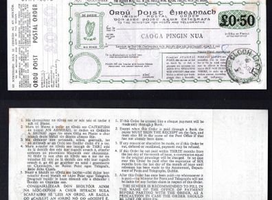 1980 Ireland 50p irish Postal Order for 50p serial Number 07K146076 with Cloth Liath (Greystone, Co. Wicklow) Steel cancel with counterfoil