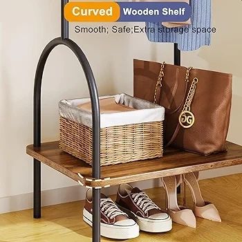 Dripex Freestanding Clothes Rail With Wooden Shelf - 4 Hooks, Compact Garment Organiser, W51xD39xH157cm