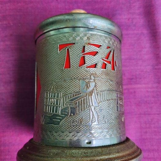 1950s Mid-Century Chrome Oriental Tea Caddy & sampler tins