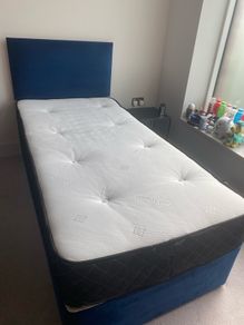Navy Single bed frame and mattress + IKEA stand lamp