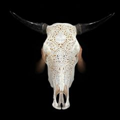 Large hand Carved Bull Skull  Lotus Design