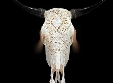 Large hand Carved Bull Skull  Lotus Design