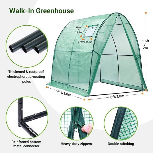 NEW SALE | Portable Tunnel Greenhouse Outdoor: Heavy Duty Walk in Green House with Mesh Windows Durable Plastic PE Cover for Outside, 1.8x1.8x2m, White