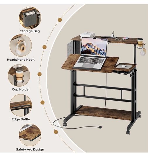 Standing Desk with Power Outlets & Strip Lights, Height Adjustable