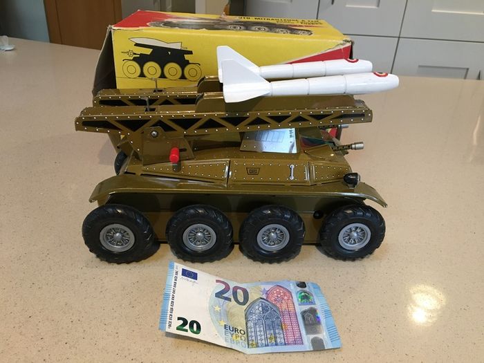Vintage Tin Toy Joustra Friction Power Rocket Launcher Tank