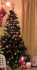 Christmas tree+ red decorations and fairy lights