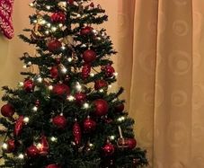 Christmas tree+ red decorations and fairy lights