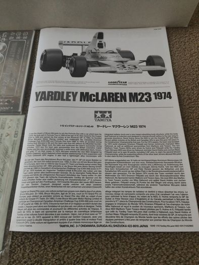 Tamiya 1/12 Yardley McLaren M23 1974 Formula 1. D.Hobbs. 12049