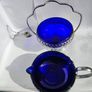 Vintage Cobalt Blue Glass, Chrome Plated, Pedestal Sugar Bowl and creamer, set of 2, Made in England, 1950's Image 5