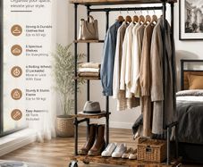 Industrial Clothes Rack with Shelves and Wheels