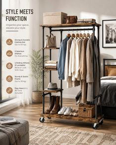 Industrial Clothes Rack with Shelves and Wheels