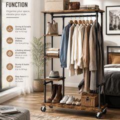 Industrial Clothes Rack with Shelves and Wheels