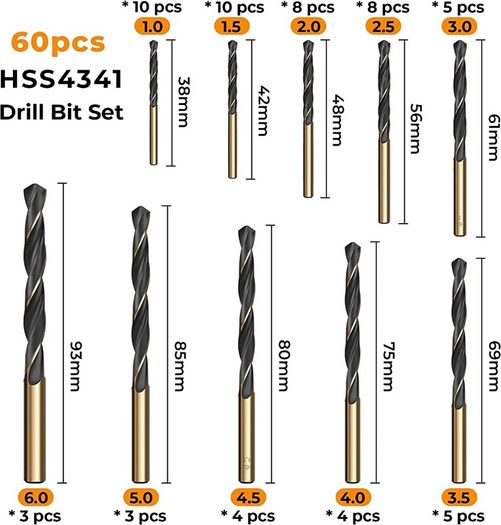 60pcs High Speed Steel Twist Drill Bits, HSS 4341 Gold Titanium and Black Nitride, 1mm-6mm Drill Bit Set for Drilling Steel, Alloy, Iron, Copper, Wood, Plastic, with Hard Storage Case (FREE POSTAGE)