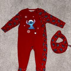 Stitch Christmas babygrow with matching bib - Primark - Size 6-9 months