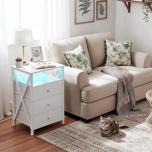 Bedside Table Set of 2 with Charging Station, Side Table with Led Lights, Bedside Cabinet with 3 Fabric Storage Drawers, End Table, Sofa Side Table, Nightstand for Living Room