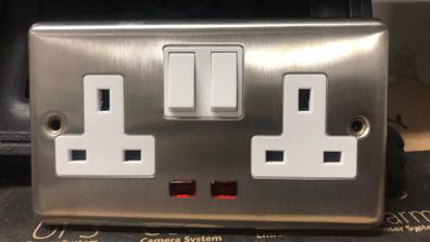 Brushed Steel Socket 2 Gang with Neon