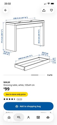 Ikea dressing table MALM, white, 120x41 cm